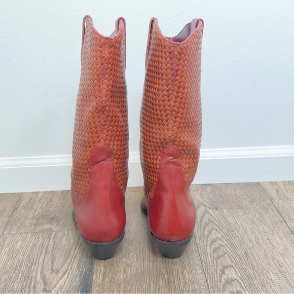 LL Bean Dingo Red/Brown Braided Leather Western Pull On Boots Size 8M - Picture 6 of 9